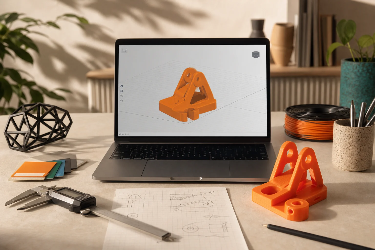 Arquivo STL aberto em notebook, paquímetro e peça laranja impressa em 3D