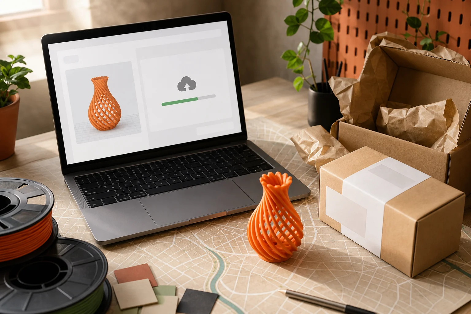 Notebook com envio de modelo 3D, filamentos, peça impressa e embalagem