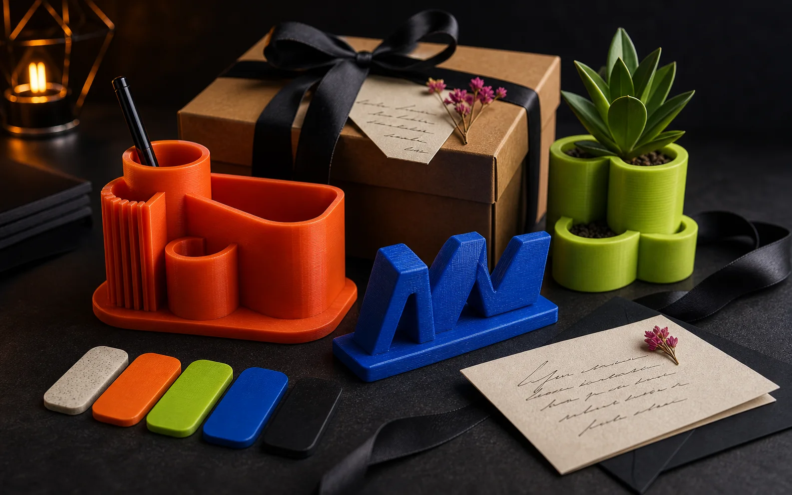Presente personalizado com peças impressas em 3D, embalagem e amostras coloridas